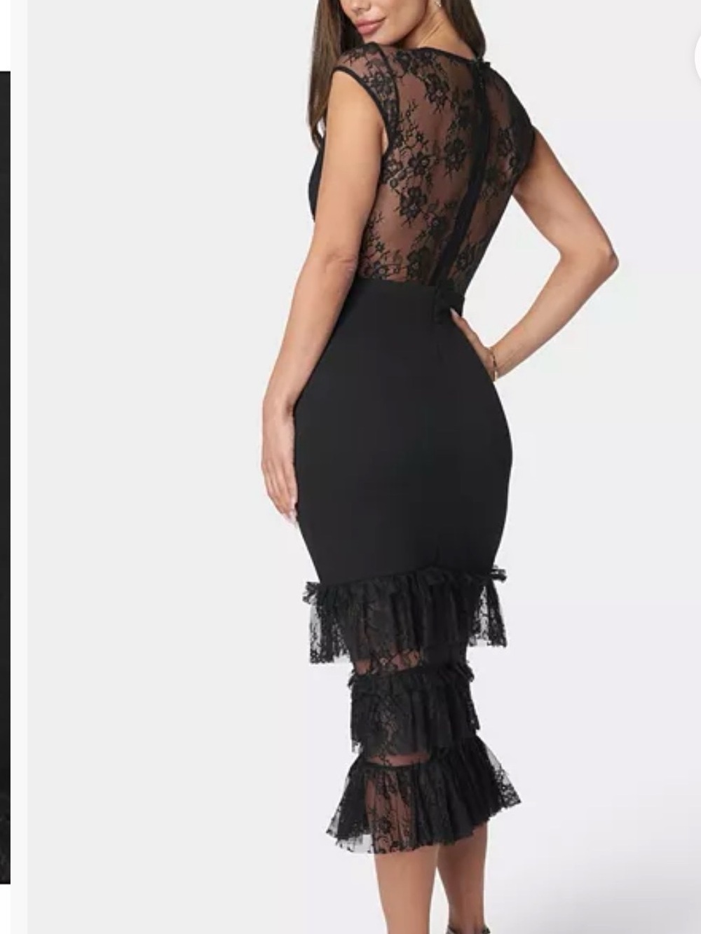 bebe Elegant Black Lace Tiered Midi Dress Large, New, - Picture 3 of 3